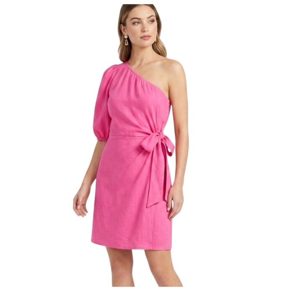 For Cynthia One Shoulder Dress Womens Medium Pink Linen Blend Side Tie Summer‎